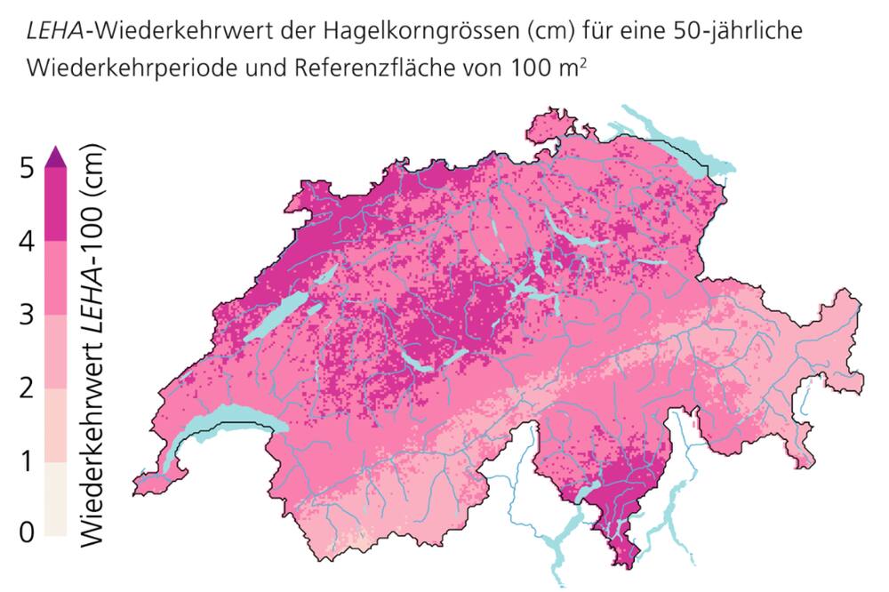 The map shows how often areas in 50 years can be expected to be affected by hailstones between 1 and 5 centimeters in size. This fee is especially important for homeowners.