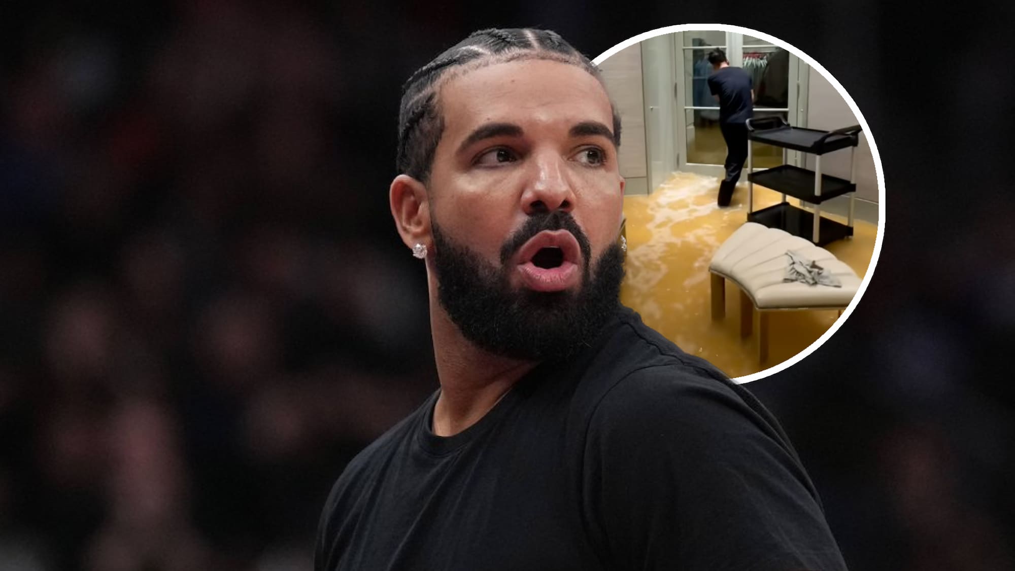 Drakes Ankleidezimmer wird wegen heftigen Regenfällen zum braunen Pool