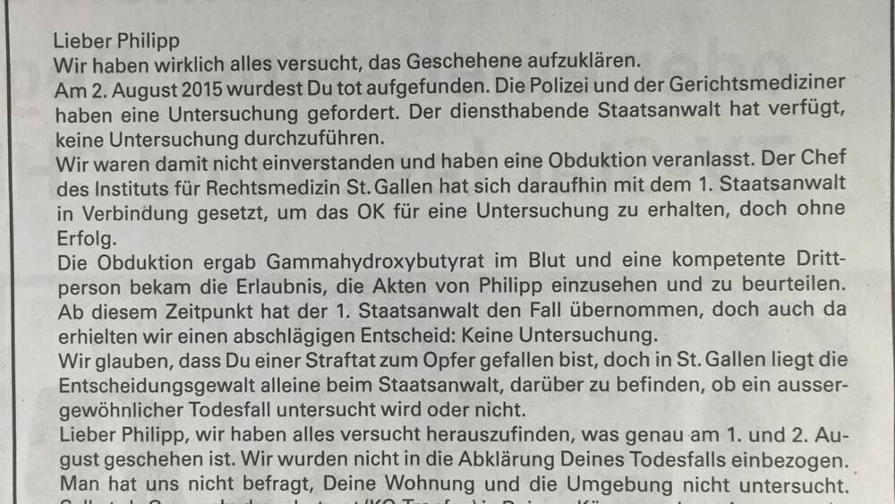 Familie Kritisiert St Galler Staatsanwaltschaft Was Steckt Hinter Dieser Todesanzeige